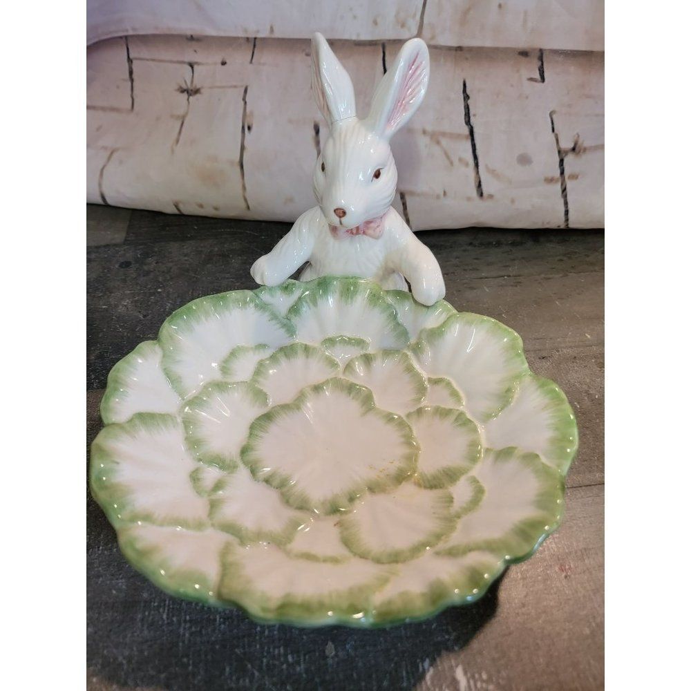 Bazaars world ceramic bunny cabbage‎ lettuce plate home decor